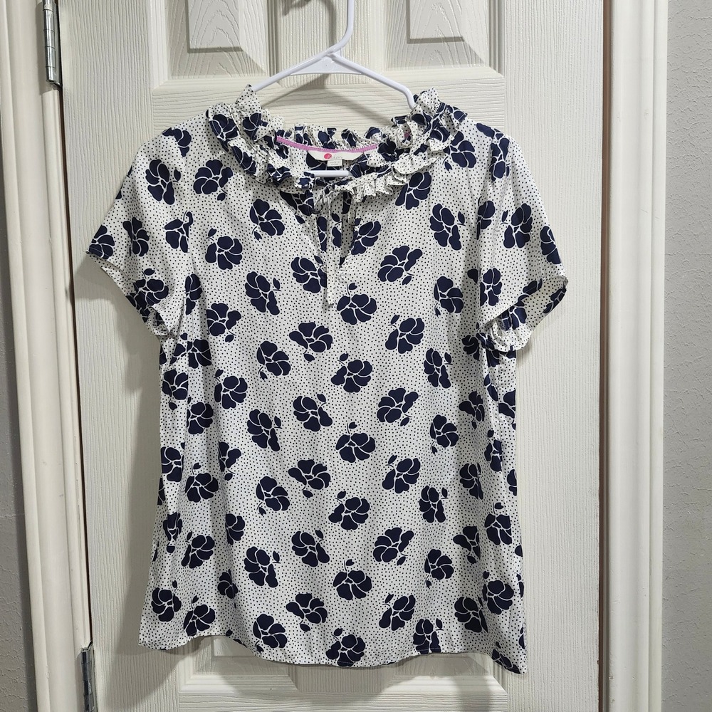 Boden Silk Blend Ruffle Neck Floral Polka Dot Blouse Navy White W0133 Size 2